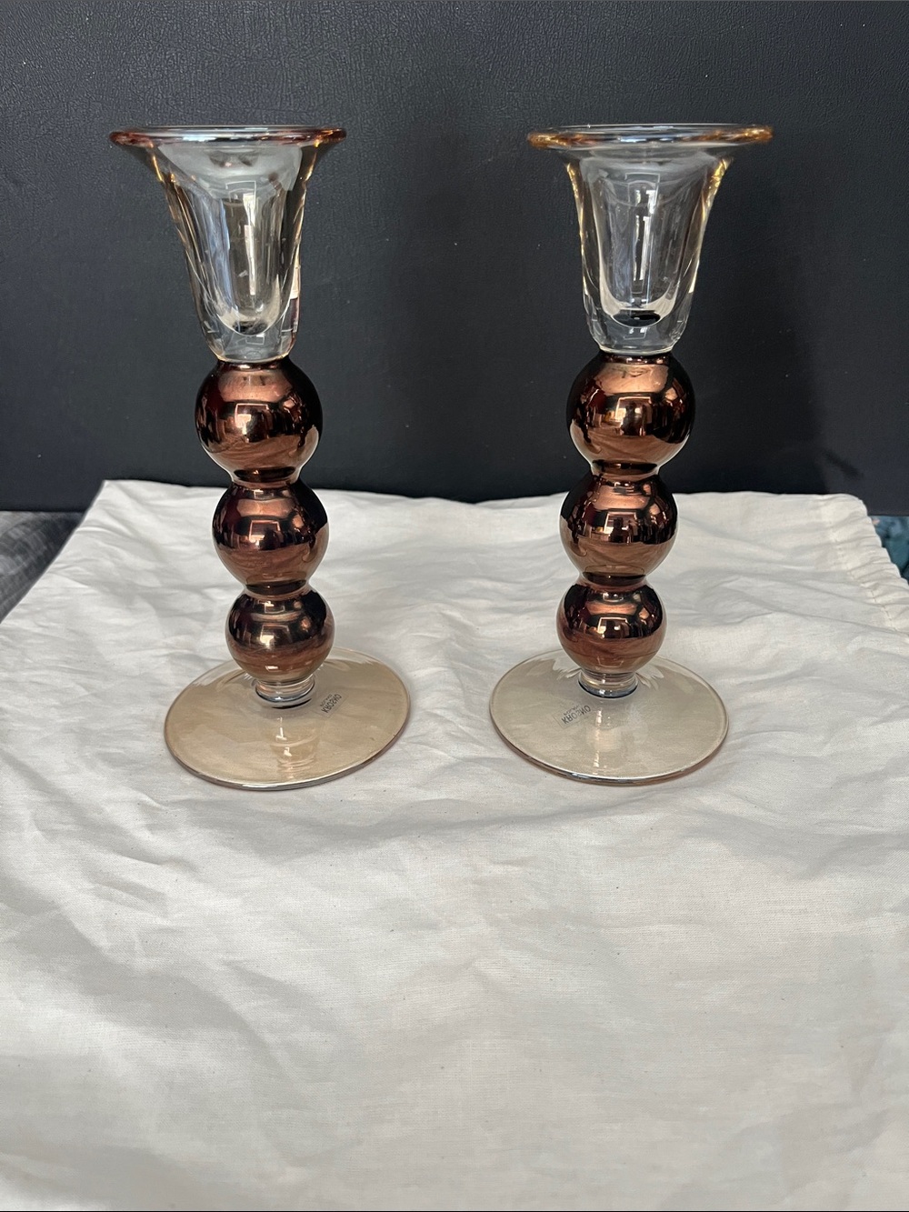 Glass Candlestick Pair in Copper Accent